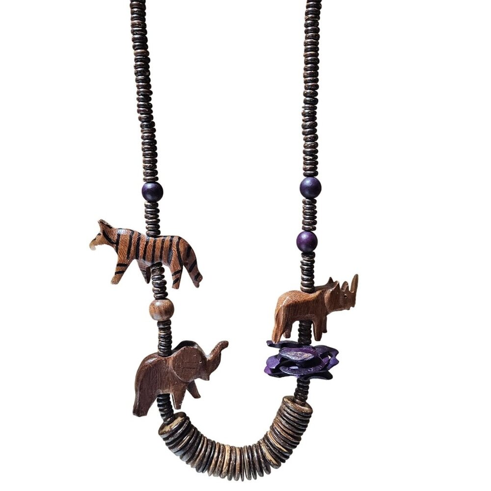 Handmade African Safari Wooden Animal Bead Necklace Hand Carved Animals Elephant